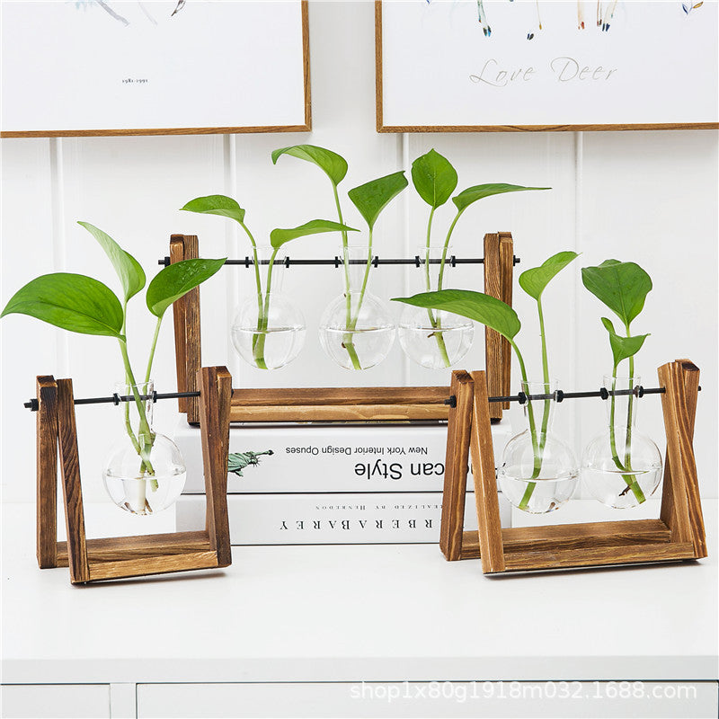 Creative wooden frame hydroponic vase green dill plant glass flower living room small container office desktop decoration ornaments