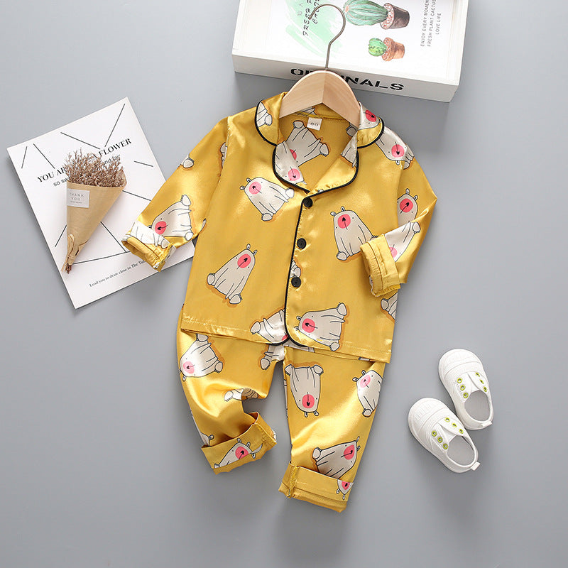 Children's long-sleeved lapel pajamas two-piece suit spring and autumn cartoon bear long-sleeved tops pants pajamas suit tide