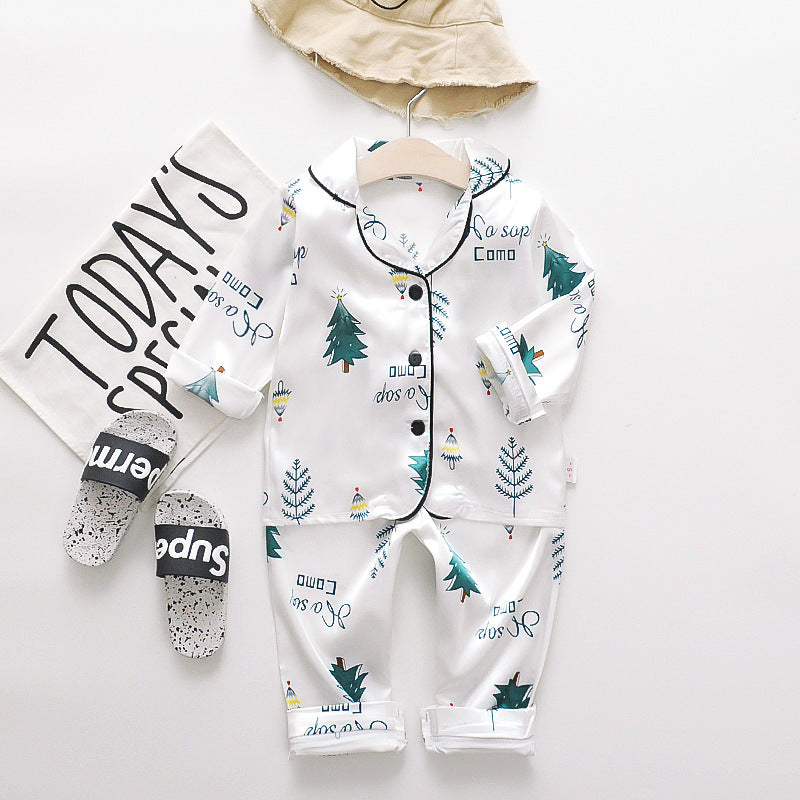 Children's long-sleeved lapel pajamas two-piece suit spring and autumn cartoon bear long-sleeved tops pants pajamas suit tide