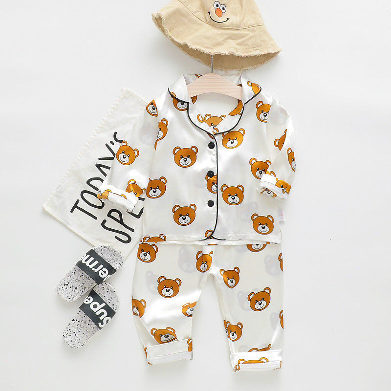 Children's long-sleeved lapel pajamas two-piece suit spring and autumn cartoon bear long-sleeved tops pants pajamas suit tide