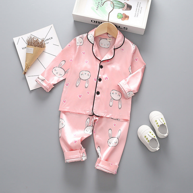 Children's long-sleeved lapel pajamas two-piece suit spring and autumn cartoon bear long-sleeved tops pants pajamas suit tide