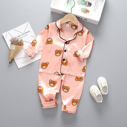 Children's long-sleeved lapel pajamas two-piece suit spring and autumn cartoon bear long-sleeved tops pants pajamas suit tide