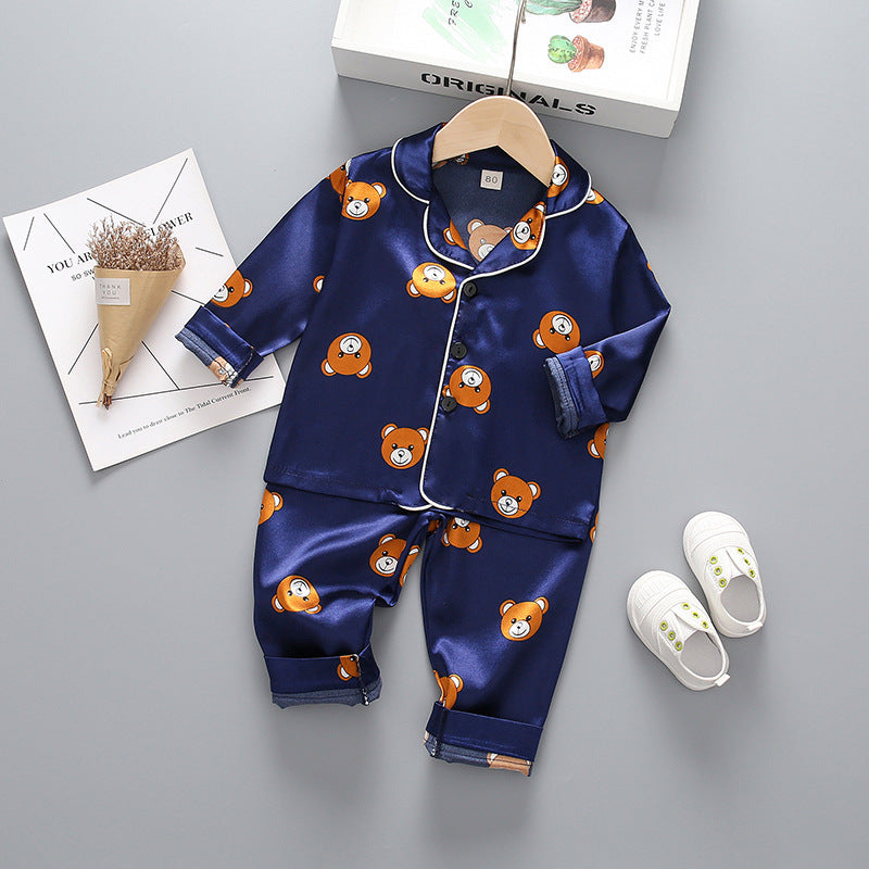 Children's long-sleeved lapel pajamas two-piece suit spring and autumn cartoon bear long-sleeved tops pants pajamas suit tide