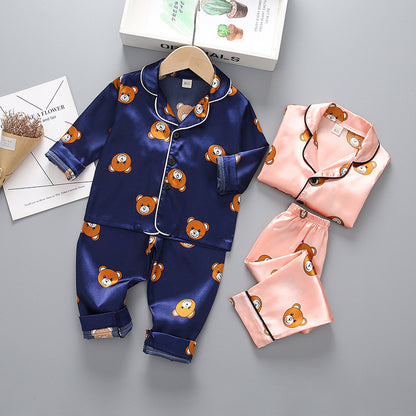 Children's long-sleeved lapel pajamas two-piece suit spring and autumn cartoon bear long-sleeved tops pants pajamas suit tide