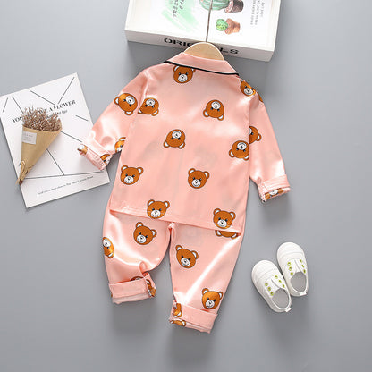 Children's long-sleeved lapel pajamas two-piece suit spring and autumn cartoon bear long-sleeved tops pants pajamas suit tide