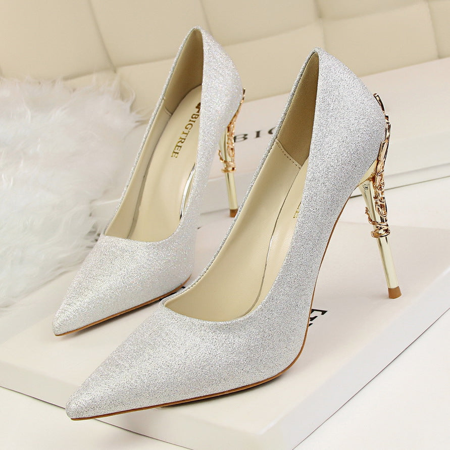 9219-2 Korean fashion sexy metal with women's shoes stiletto high-heeled shallow mouth pointed satin slim single shoes wedding shoes