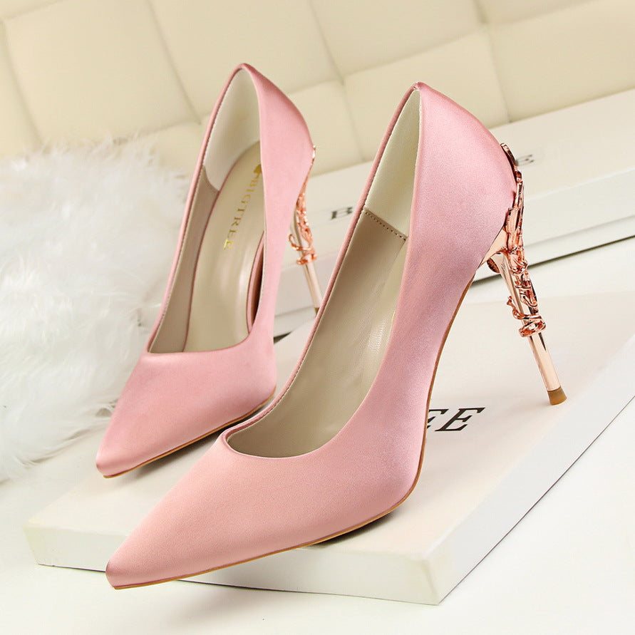 9219-2 Korean fashion sexy metal with women's shoes stiletto high-heeled shallow mouth pointed satin slim single shoes wedding shoes