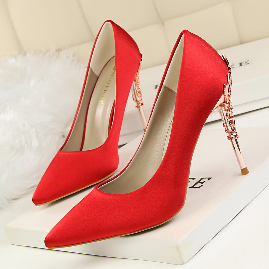 9219-2 Korean fashion sexy metal with women's shoes stiletto high-heeled shallow mouth pointed satin slim single shoes wedding shoes