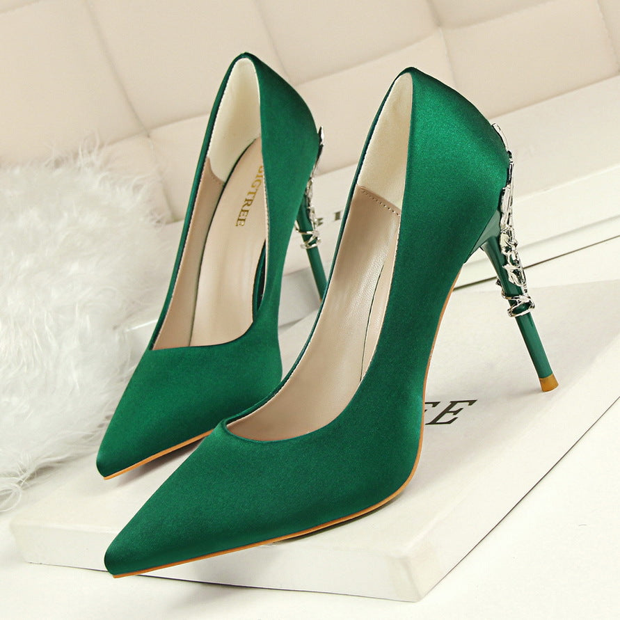 9219-2 Korean fashion sexy metal with women's shoes stiletto high-heeled shallow mouth pointed satin slim single shoes wedding shoes