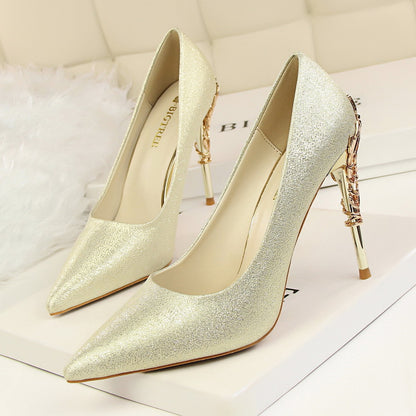 9219-2 Korean fashion sexy metal with women's shoes stiletto high-heeled shallow mouth pointed satin slim single shoes wedding shoes