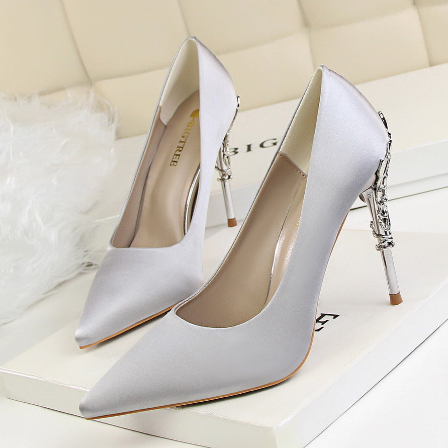 9219-2 Korean fashion sexy metal with women's shoes stiletto high-heeled shallow mouth pointed satin slim single shoes wedding shoes