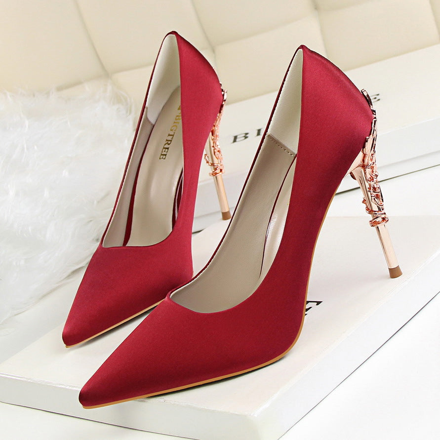 9219-2 Korean fashion sexy metal with women's shoes stiletto high-heeled shallow mouth pointed satin slim single shoes wedding shoes