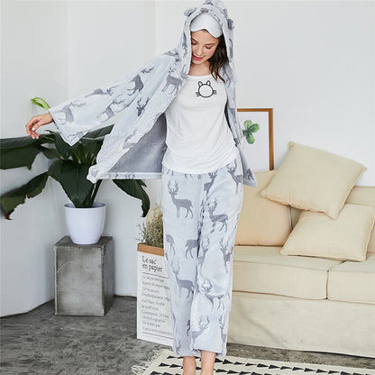 Bu Nai winter new hooded deer double law back printing cut flower two-piece pajamas ladies Korean casual home service