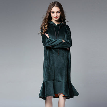 Europe and the United States 2018 large size women's autumn and winter fat mm long hooded sweater women's thick velvet bottoming skirt 6610