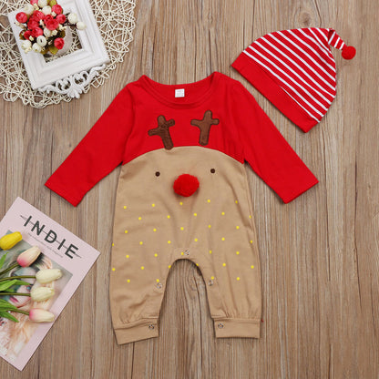 ins explosion new baby deer shape long-sleeved hooded romper autumn long-sleeved Christmas baby romper