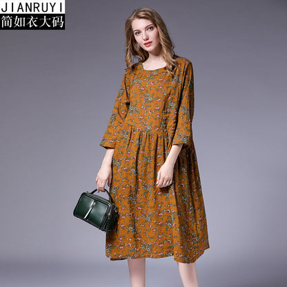 2018 large size women's fat mm autumn new linen cotton literary floral pleated stitching loose dress 9831