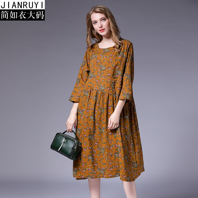 2018 large size women's fat mm autumn new linen cotton literary floral pleated stitching loose dress 9831