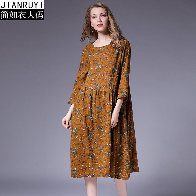 2018 large size women's fat mm autumn new linen cotton literary floral pleated stitching loose dress 9831