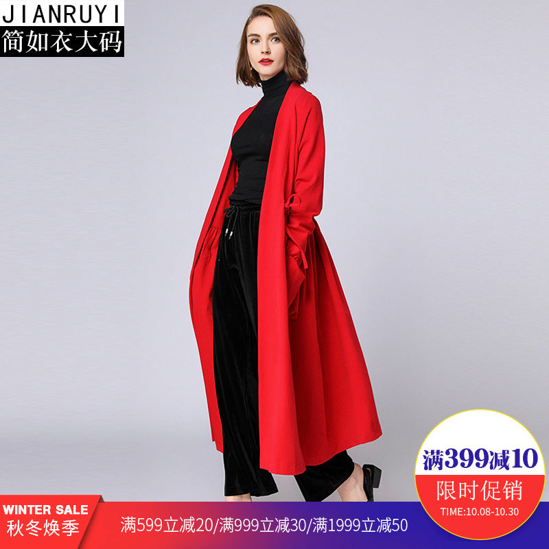 Large size women's fat mm2018 autumn and winter new big-name long long ruffled Roman sand coat windbreaker 7060