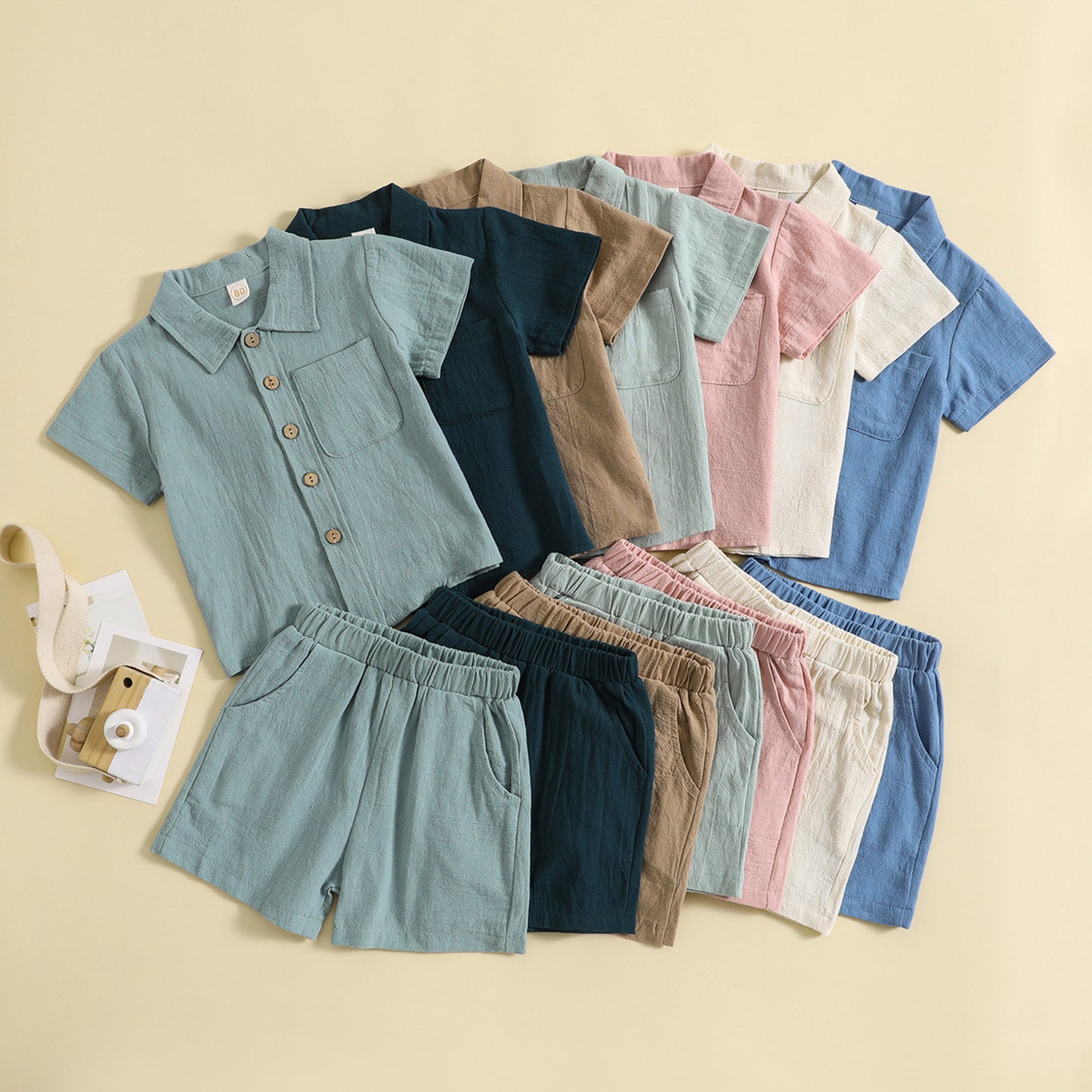 Summer cotton and linen casual short-sleeved lapel Polo shirt solid color boys' summer two-piece suit