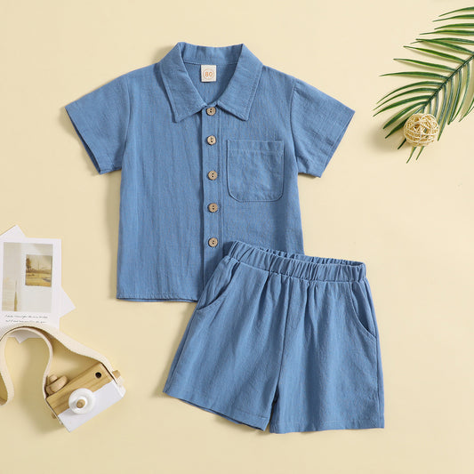 Summer cotton and linen casual short-sleeved lapel Polo shirt solid color boys' summer two-piece suit