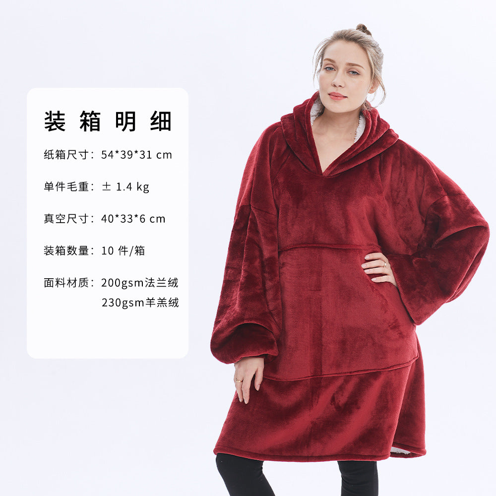 AliExpress cross-border thick hooded lazy blanket fall/winter plus size casual home wear flange lamb velvet sweater women