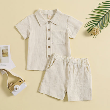 Summer cotton and linen casual short-sleeved lapel Polo shirt solid color boys' summer two-piece suit