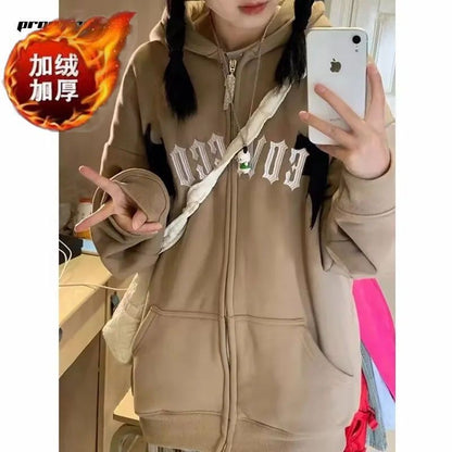 PROMONL American retro little devil hooded sweatshirt women's autumn and winter velvet thickened oversiz niche jacket