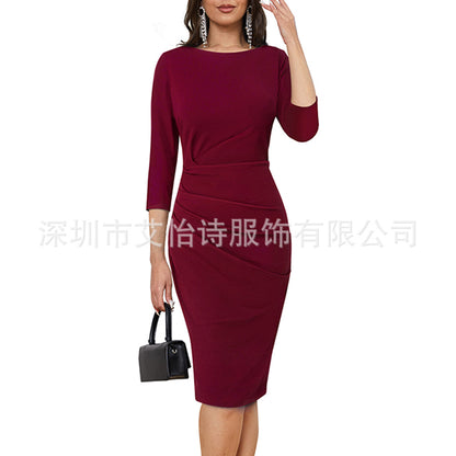 Amazon 2023 cross-border European and American autumn and winter new elegant women's pleated mid-waist round neck wrap hip professional dress