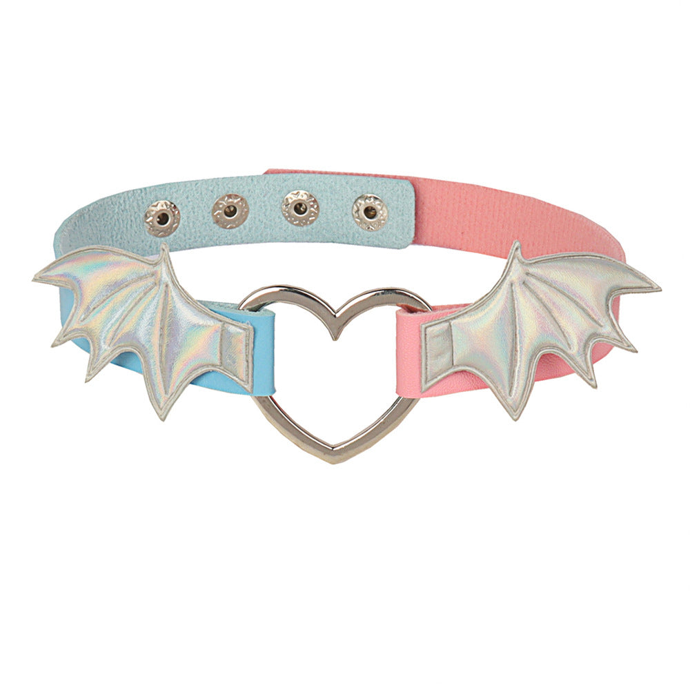 European and American new dark punk style heart-shaped wings leather collar PU contrasting color personalized leather choker necklace