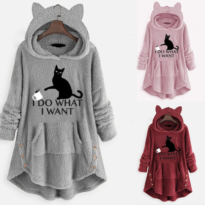 2022 cross-border European and American foreign trade autumn and winter new double-sided plush printing pullover cat ears pocket top women's sweater