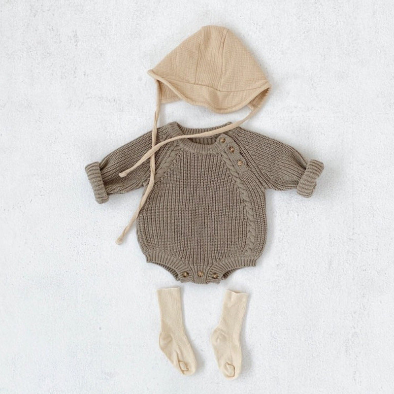 ins children's spring and autumn new Korean style infants and young children simple knitted khaki loose pullover long-sleeved triangle crawler