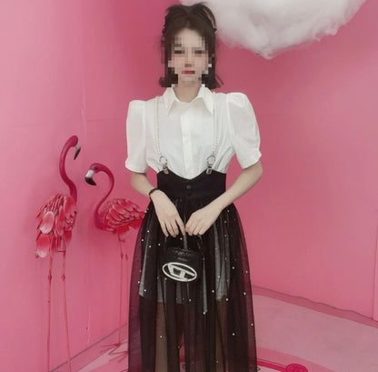 2023 spring and summer new style waist waist net gauze suspender skirt temperament lapel shirt slim suit