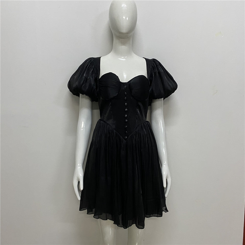 French sexy one-shoulder dress 2023 summer new fashion puff sleeve pleated waist slimming dress