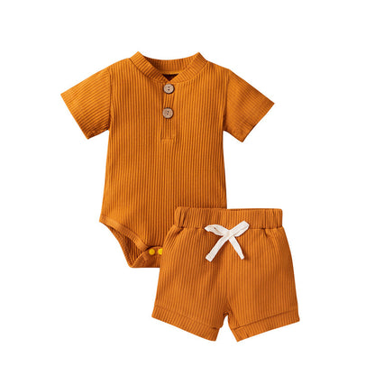 AliExpress 2022 summer new short-sleeved pit strip suit boys and girls solid color shorts two-piece foreign trade