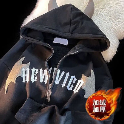 Couple style little devil horn hooded loose velvet sweatshirt jacket winter niche design wear ins top