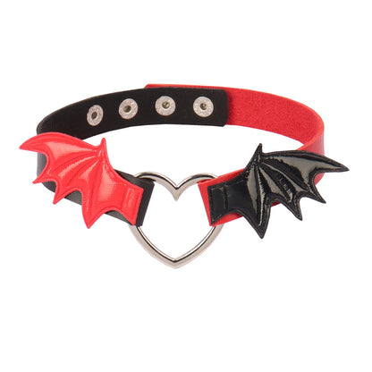 European and American new dark punk style heart-shaped wings leather collar PU contrasting color personalized leather choker necklace