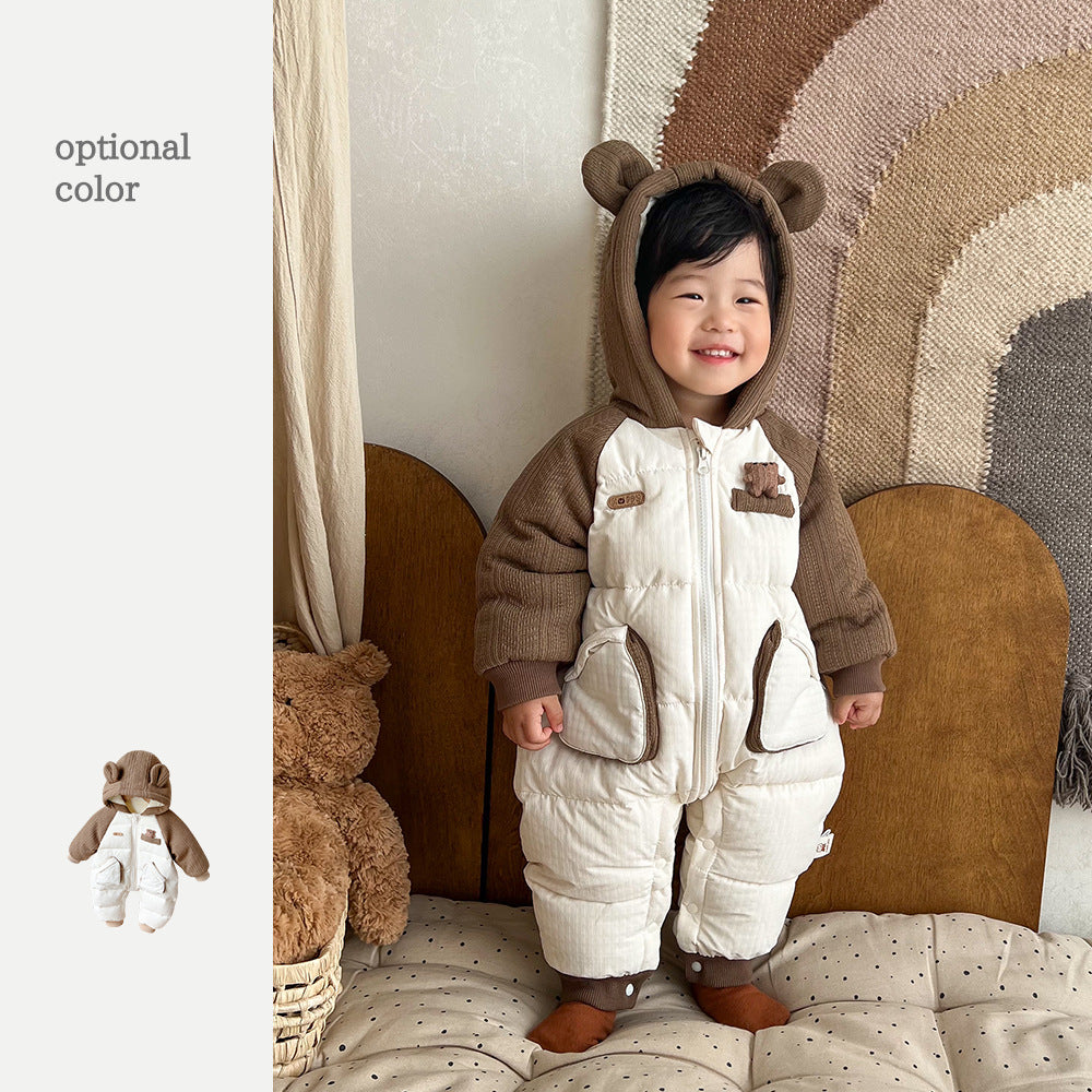 Korean children's clothing new winter cotton-padded clothes for babies plus velvet quilted jumpsuits for boys and girls trendy outdoor cotton clothes