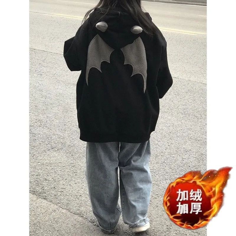 PROMONL American retro little devil hooded sweatshirt women's autumn and winter velvet thickened oversiz niche jacket