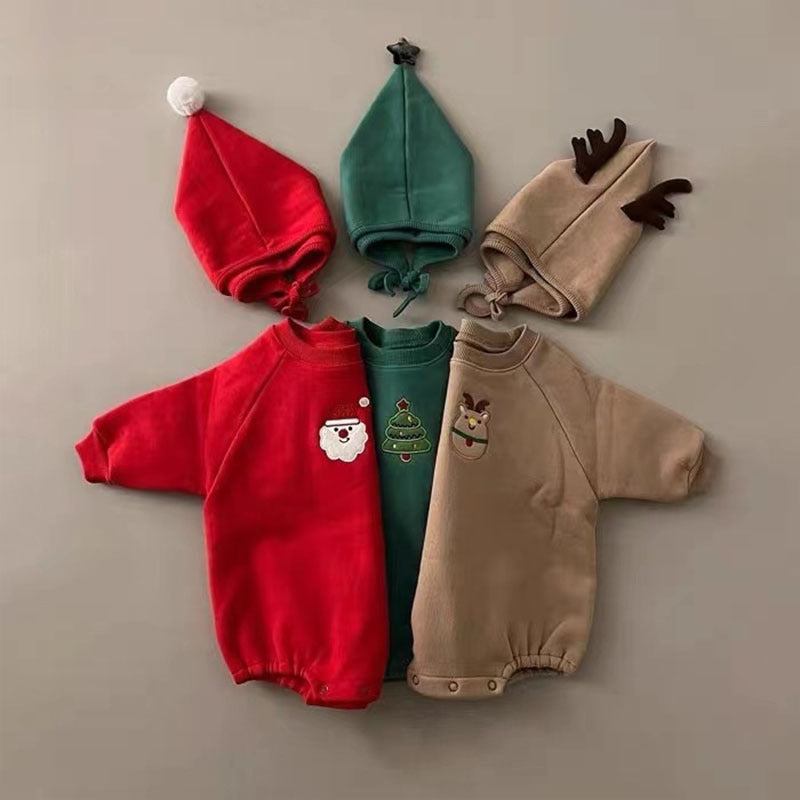 Korean version ins baby Christmas clothing winter infant jumpsuit plus velvet thickened cartoon long-sleeved crawler suit + hat