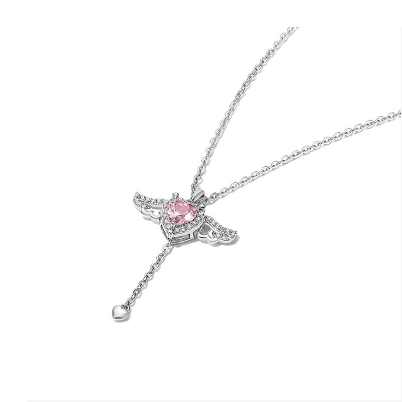 925 Silver Cupid Heart Sterling Silver Necklace for Women Smart Romantic Love Collarbone Chain Angel Wings Same Style as Big Brand