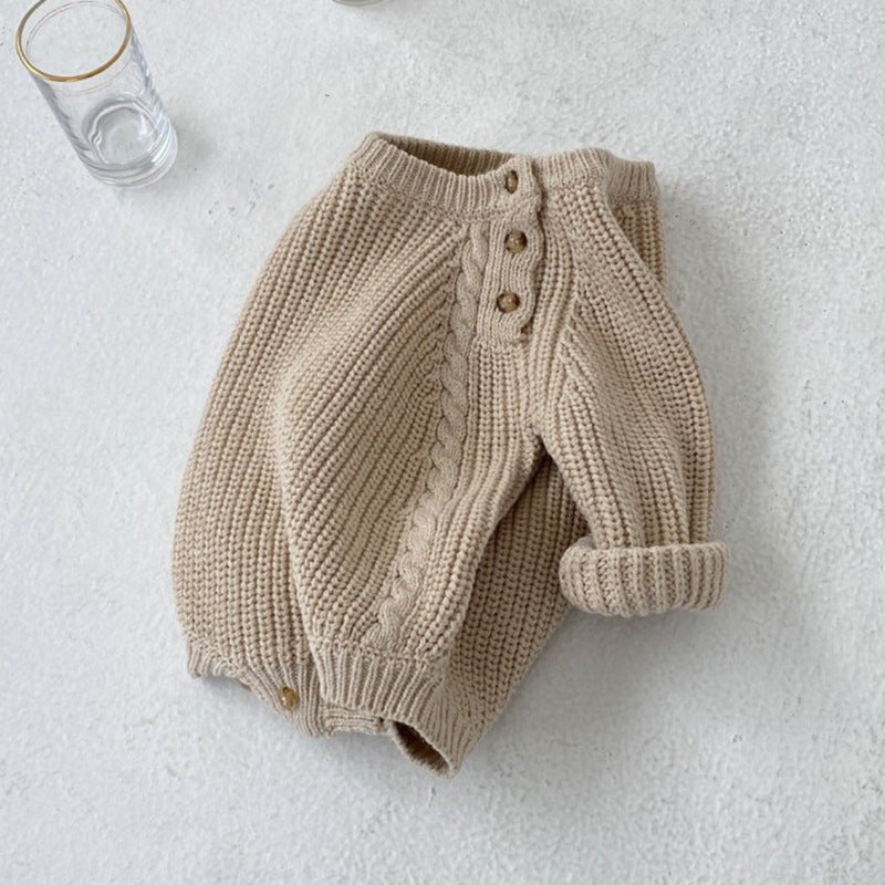 ins children's spring and autumn new Korean style infants and young children simple knitted khaki loose pullover long-sleeved triangle crawler