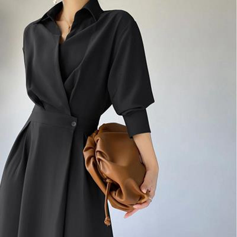 Chic and versatile self-induction French style small fragrance dress female design sense high-end long and short sleeve temperament slim mid-length skirt