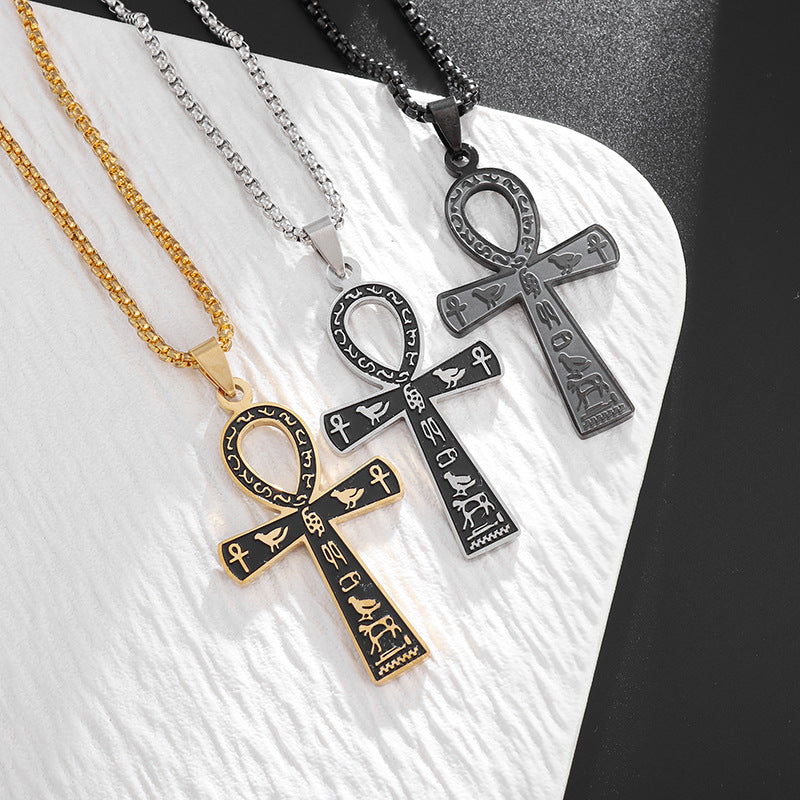 Cross-border Amazon jewelry supply ancient Egyptian symbol Ankh cross titanium steel necklace Christmas gift