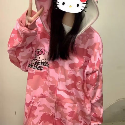 2023 Autumn American Street Hello Kitty Camouflage Printed Hooded Sweatshirt Loose and Versatile Trendy Student Couple Tops