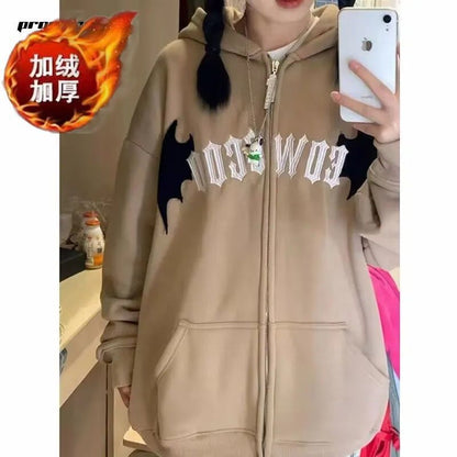 PROMONL American retro little devil hooded sweatshirt women's autumn and winter velvet thickened oversiz niche jacket