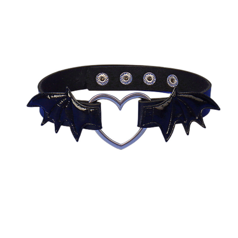 European and American new dark punk style heart-shaped wings leather collar PU contrasting color personalized leather choker necklace