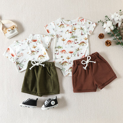 European and American foreign trade baby short-sleeved khaki summer style new baggy khaki printed baby romper + shorts set