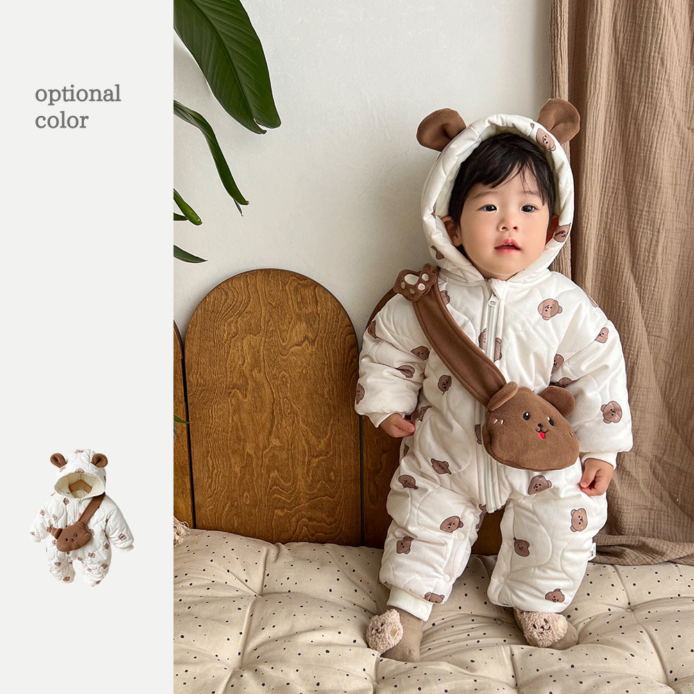 Baby clothes, winter cotton clothes, Korean version of cartoon bears, velvet quilted onesies, baby boy clothes, thickened and warm