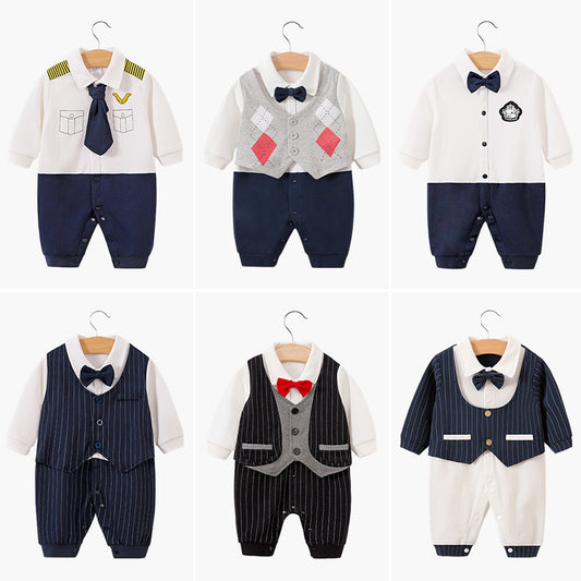 Baby jumpsuit spring and autumn newborn one-year-old full-moon clothes long-sleeved baby gentleman dress cross-border children's clothing